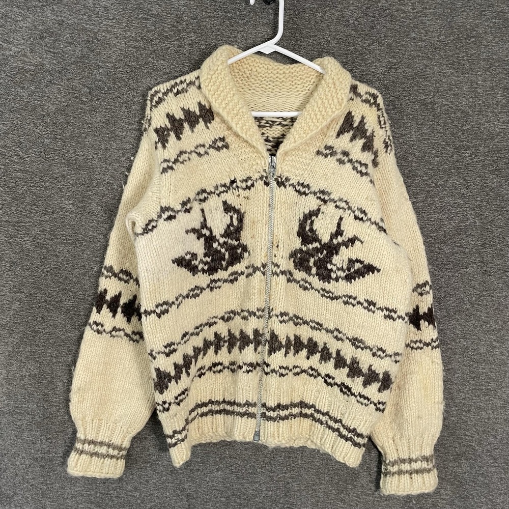 Westerly Knit Full Zip Cardigan Sweater Sz M/L Beige Chunky Cowichan 60s 70s
